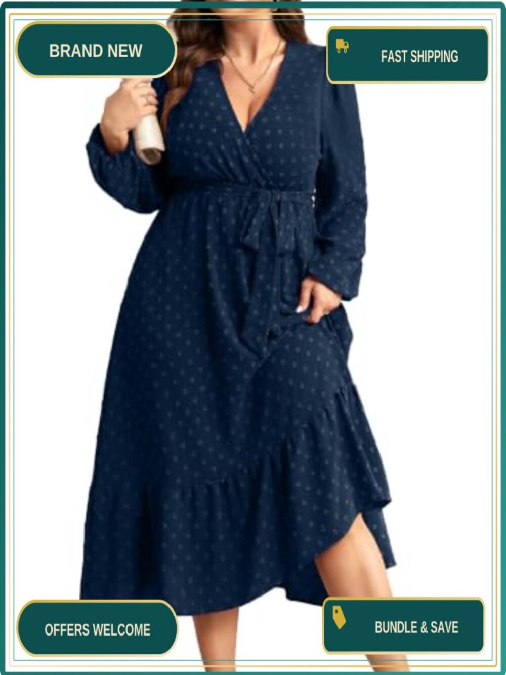 Plus Size Wrap V-Neck Swiss Dot Midi Dress with Pockets Long Sleeve